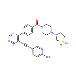 Cc1ncnc(-c2ccc(C(=O)N3CCN([C@@H]4CCS(=O)(=O)C4)CC3)cc2)c1C#Cc1ccc(N)nc1 ZINC000148759098