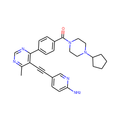 Cc1ncnc(-c2ccc(C(=O)N3CCN(C4CCCC4)CC3)cc2)c1C#Cc1ccc(N)nc1 ZINC000148821888