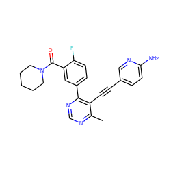 Cc1ncnc(-c2ccc(F)c(C(=O)N3CCCCC3)c2)c1C#Cc1ccc(N)nc1 ZINC000148597416