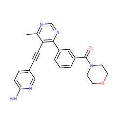 Cc1ncnc(-c2cccc(C(=O)N3CCOCC3)c2)c1C#Cc1ccc(N)nc1 ZINC000148678376