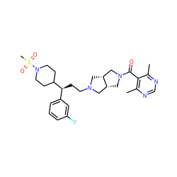 Cc1ncnc(C)c1C(=O)N1C[C@@H]2CN(CC[C@@H](c3cccc(F)c3)C3CCN(S(C)(=O)=O)CC3)C[C@@H]2C1 ZINC000064527628