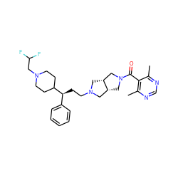 Cc1ncnc(C)c1C(=O)N1C[C@@H]2CN(CC[C@@H](c3ccccc3)C3CCN(CC(F)F)CC3)C[C@@H]2C1 ZINC000064746241