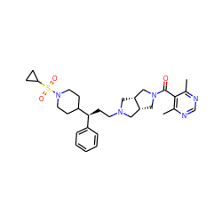 Cc1ncnc(C)c1C(=O)N1C[C@@H]2CN(CC[C@@H](c3ccccc3)C3CCN(S(=O)(=O)C4CC4)CC3)C[C@@H]2C1 ZINC000064513517