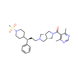 Cc1ncnc(C)c1C(=O)N1C[C@@H]2CN(CC[C@@H](c3ccccc3)C3CCN(S(C)(=O)=O)CC3)C[C@@H]2C1 ZINC000064526334