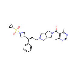 Cc1ncnc(C)c1C(=O)N1C[C@@H]2CN(CC[C@@H](c3ccccc3)C3CN(S(=O)(=O)C4CC4)C3)C[C@@H]2C1 ZINC000064526877