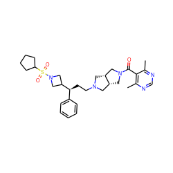 Cc1ncnc(C)c1C(=O)N1C[C@@H]2CN(CC[C@@H](c3ccccc3)C3CN(S(=O)(=O)C4CCCC4)C3)C[C@@H]2C1 ZINC000064513422