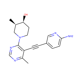 Cc1ncnc(N2CC[C@H](O)[C@H](C)C2)c1C#Cc1ccc(N)nc1 ZINC000149240180