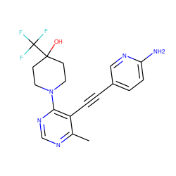 Cc1ncnc(N2CCC(O)(C(F)(F)F)CC2)c1C#Cc1ccc(N)nc1 ZINC000148830831