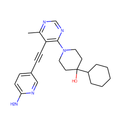 Cc1ncnc(N2CCC(O)(C3CCCCC3)CC2)c1C#Cc1ccc(N)nc1 ZINC000149279689