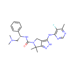 Cc1ncnc(Nc2[nH]nc3c2CN(C(=O)N[C@H](CN(C)C)c2ccccc2)C3(C)C)c1F ZINC000038210822