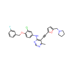 Cc1ncnc(Nc2ccc(OCc3cccc(F)c3)c(Cl)c2)c1C#Cc1ccc(CN2CCCC2)o1 ZINC000073223354