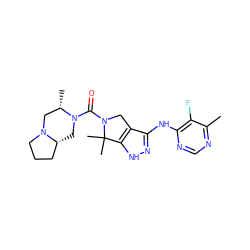 Cc1ncnc(Nc2n[nH]c3c2CN(C(=O)N2C[C@@H]4CCCN4C[C@@H]2C)C3(C)C)c1F ZINC000115984765