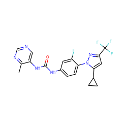 Cc1ncncc1NC(=O)Nc1ccc(-n2nc(C(F)(F)F)cc2C2CC2)c(F)c1 ZINC000117417364