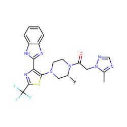 Cc1ncnn1CC(=O)N1CCN(c2sc(C(F)(F)F)nc2-c2nc3ccccc3[nH]2)C[C@H]1C ZINC000143804062