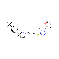 Cc1ncoc1-c1nnc(SCCCN2C[C@H]3C[C@@]3(c3ccc(C(C)(C)C)cc3)C2)n1C ZINC000049021952