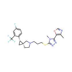 Cc1ncoc1-c1nnc(SCCCN2CC[C@@]3(C[C@@H]3c3ccc(F)cc3C(F)(F)F)C2)n1C ZINC001772614735