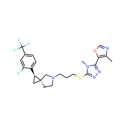 Cc1ncoc1-c1nnc(SCCCN2CC[C@@]3(C[C@H]3c3ccc(C(F)(F)F)cc3F)C2)n1C ZINC001772592836