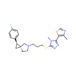 Cc1ncoc1-c1nnc(SCCCN2CC[C@@]3(C[C@H]3c3ccc(F)cc3)C2)n1C ZINC001772651526