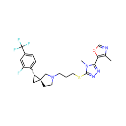 Cc1ncoc1-c1nnc(SCCCN2CC[C@]3(C[C@@H]3c3ccc(C(F)(F)F)cc3F)C2)n1C ZINC001772652194