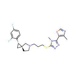 Cc1ncoc1-c1nnc(SCCCN2CC[C@]3(C[C@@H]3c3ccc(F)cc3F)C2)n1C ZINC001772649749