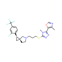 Cc1ncoc1-c1nnc(SCCCN2CC[C@]3(C[C@H]3c3ccc(C(F)(F)F)cc3F)C2)n1C ZINC001772628293