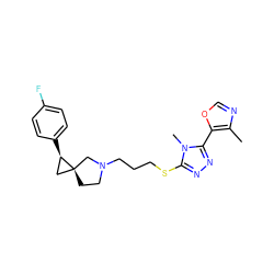 Cc1ncoc1-c1nnc(SCCCN2CC[C@]3(C[C@H]3c3ccc(F)cc3)C2)n1C ZINC001772623430