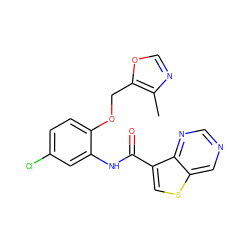 Cc1ncoc1COc1ccc(Cl)cc1NC(=O)c1csc2cncnc12 ZINC000113650435