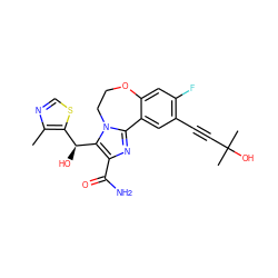 Cc1ncsc1[C@H](O)c1c(C(N)=O)nc2n1CCOc1cc(F)c(C#CC(C)(C)O)cc1-2 ZINC000215767381