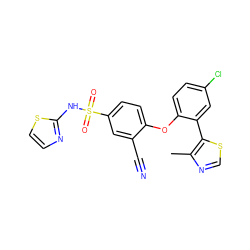 Cc1ncsc1-c1cc(Cl)ccc1Oc1ccc(S(=O)(=O)Nc2nccs2)cc1C#N ZINC000095581605