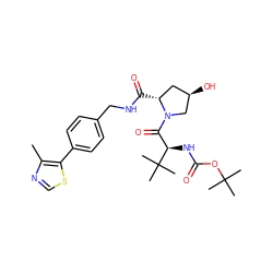 Cc1ncsc1-c1ccc(CNC(=O)[C@@H]2C[C@@H](O)CN2C(=O)[C@@H](NC(=O)OC(C)(C)C)C(C)(C)C)cc1 ZINC001775937836