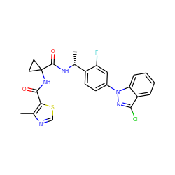 Cc1ncsc1C(=O)NC1(C(=O)N[C@H](C)c2ccc(-n3nc(Cl)c4ccccc43)cc2F)CC1 ZINC000072110316