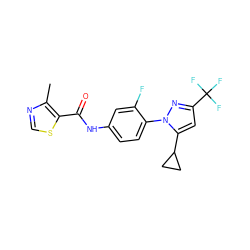 Cc1ncsc1C(=O)Nc1ccc(-n2nc(C(F)(F)F)cc2C2CC2)c(F)c1 ZINC000116815640