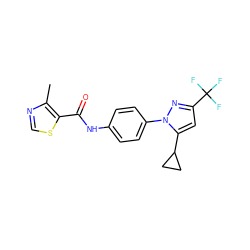 Cc1ncsc1C(=O)Nc1ccc(-n2nc(C(F)(F)F)cc2C2CC2)cc1 ZINC000116815280