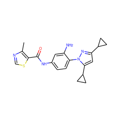 Cc1ncsc1C(=O)Nc1ccc(-n2nc(C3CC3)cc2C2CC2)c(N)c1 ZINC000169710824