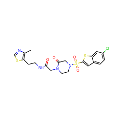 Cc1ncsc1CCNC(=O)CN1CCN(S(=O)(=O)c2cc3ccc(Cl)cc3s2)CC1=O ZINC000029415097