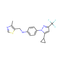 Cc1ncsc1CNc1ccc(-n2nc(C(F)(F)F)cc2C2CC2)cc1 ZINC000116814915