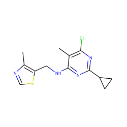 Cc1ncsc1CNc1nc(C2CC2)nc(Cl)c1C ZINC000132750425