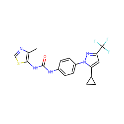 Cc1ncsc1NC(=O)Nc1ccc(-n2nc(C(F)(F)F)cc2C2CC2)cc1 ZINC000117428755