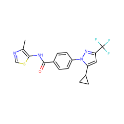 Cc1ncsc1NC(=O)c1ccc(-n2nc(C(F)(F)F)cc2C2CC2)cc1 ZINC000116814262