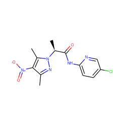 Cc1nn([C@@H](C)C(=O)Nc2ccc(Cl)cn2)c(C)c1[N+](=O)[O-] ZINC000001068565