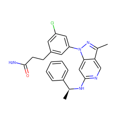 Cc1nn(-c2cc(Cl)cc(CCC(N)=O)c2)c2cc(N[C@@H](C)c3ccccc3)ncc12 ZINC000040973376