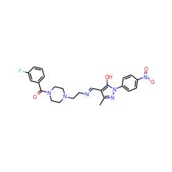 Cc1nn(-c2ccc([N+](=O)[O-])cc2)c(O)c1/C=N/CCN1CCN(C(=O)c2cccc(F)c2)CC1 ZINC000008828689