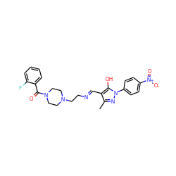 Cc1nn(-c2ccc([N+](=O)[O-])cc2)c(O)c1/C=N/CCN1CCN(C(=O)c2ccccc2F)CC1 ZINC000013468136