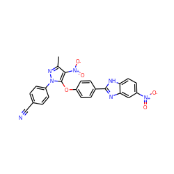 Cc1nn(-c2ccc(C#N)cc2)c(Oc2ccc(-c3nc4cc([N+](=O)[O-])ccc4[nH]3)cc2)c1[N+](=O)[O-] ZINC001772599805