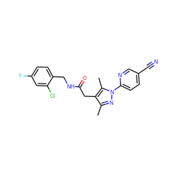 Cc1nn(-c2ccc(C#N)cn2)c(C)c1CC(=O)NCc1ccc(F)cc1Cl ZINC000095566081