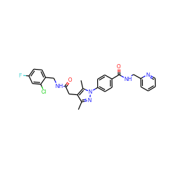 Cc1nn(-c2ccc(C(=O)NCc3ccccn3)cc2)c(C)c1CC(=O)NCc1ccc(F)cc1Cl ZINC000095565482