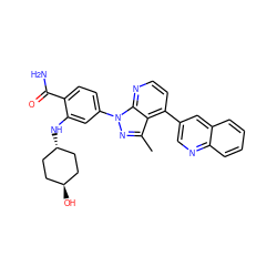 Cc1nn(-c2ccc(C(N)=O)c(N[C@H]3CC[C@H](O)CC3)c2)c2nccc(-c3cnc4ccccc4c3)c12 ZINC000261098328