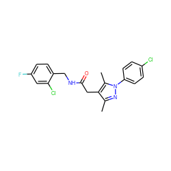 Cc1nn(-c2ccc(Cl)cc2)c(C)c1CC(=O)NCc1ccc(F)cc1Cl ZINC000049072532