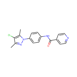 Cc1nn(-c2ccc(NC(=O)c3ccncc3)cc2)c(C)c1Cl ZINC000012507396