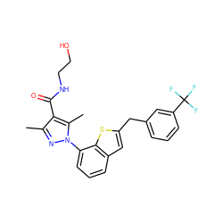 Cc1nn(-c2cccc3cc(Cc4cccc(C(F)(F)F)c4)sc23)c(C)c1C(=O)NCCO ZINC000143612382